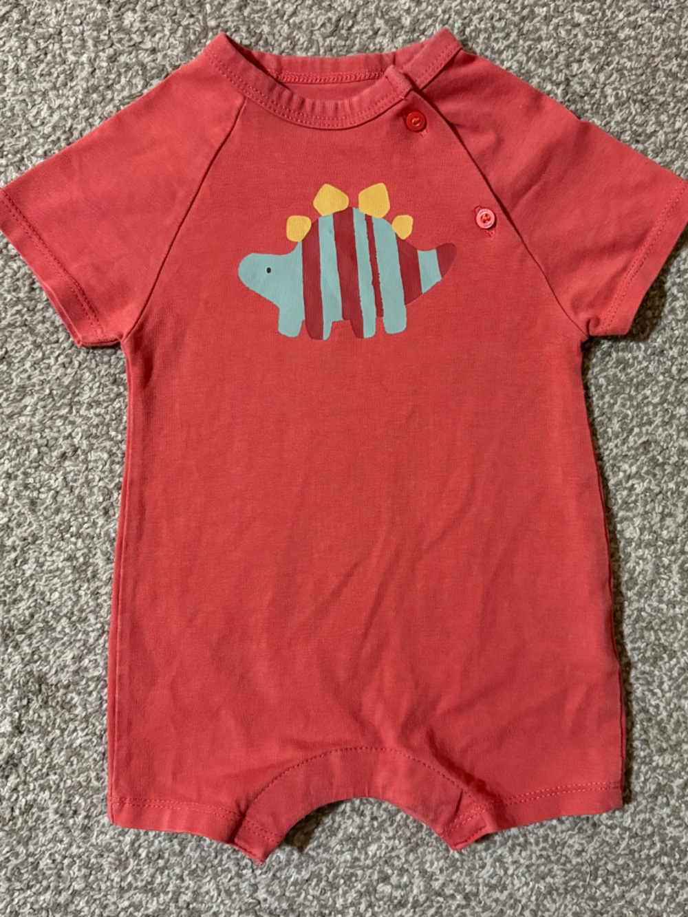 next Coral Red Short-Sleeve Dino Romper with Teal and Yellow Print